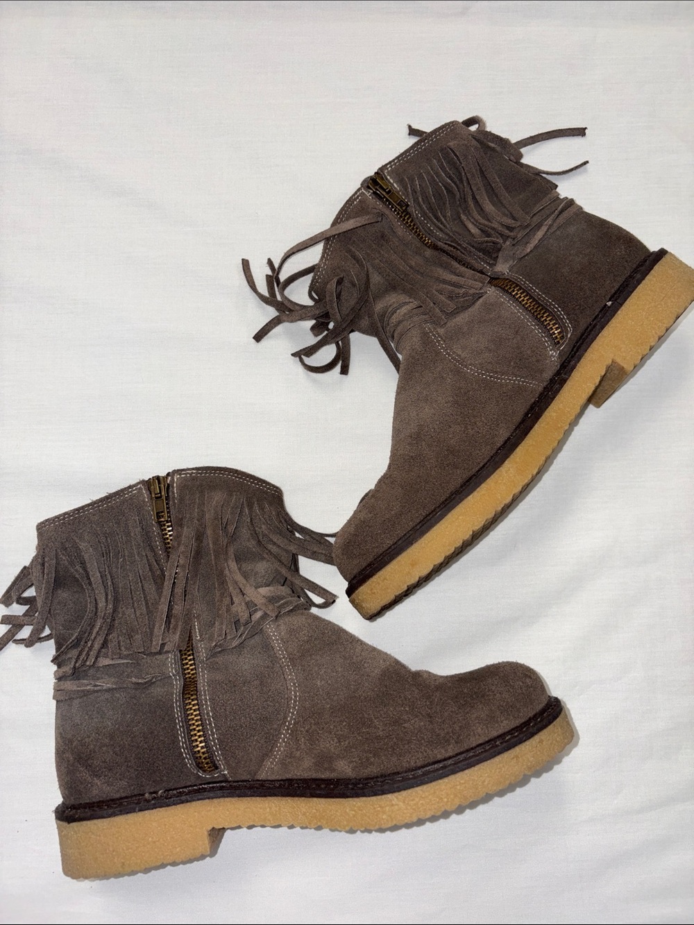 Original Sundance (made in Italy) Taupe Suede Fringe Ankle Boots